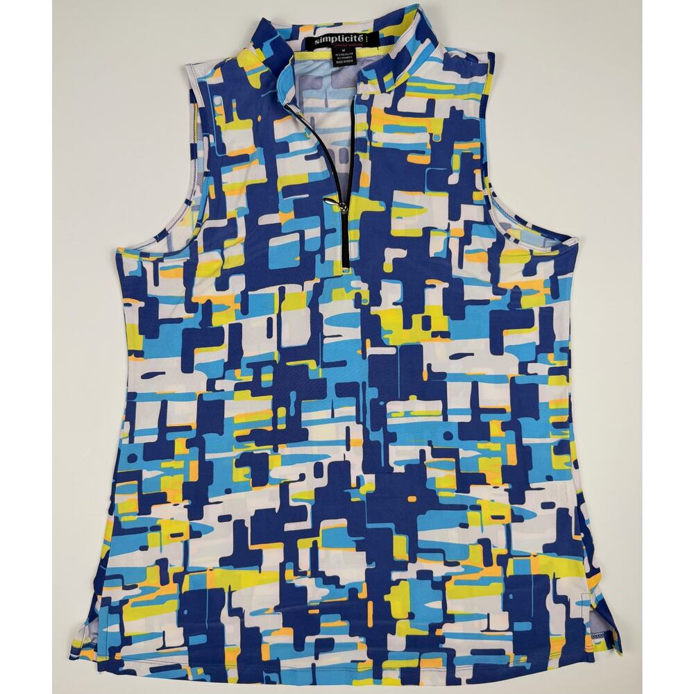 Jamie Sadock Simplicite Women’s M Sleeveless Quarter Zip Top Blue Abstract Print